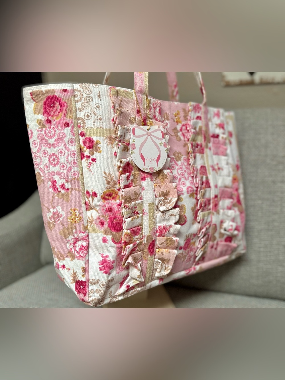 Ruffle 🌸 Floral Canvas Tote Bag Shoulder Bag Ivory Pink Brown Book sealed Bag - Picture 4 of 7